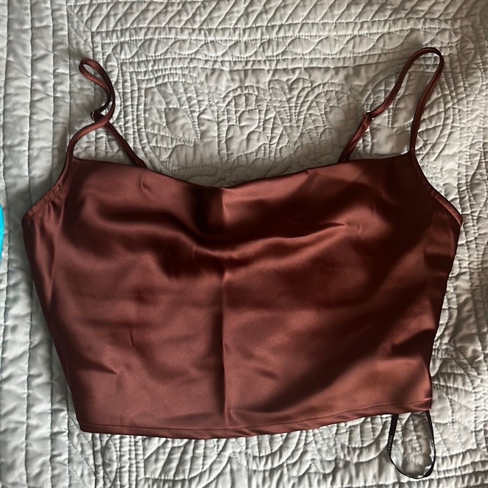 Brown silk cowl neck tank